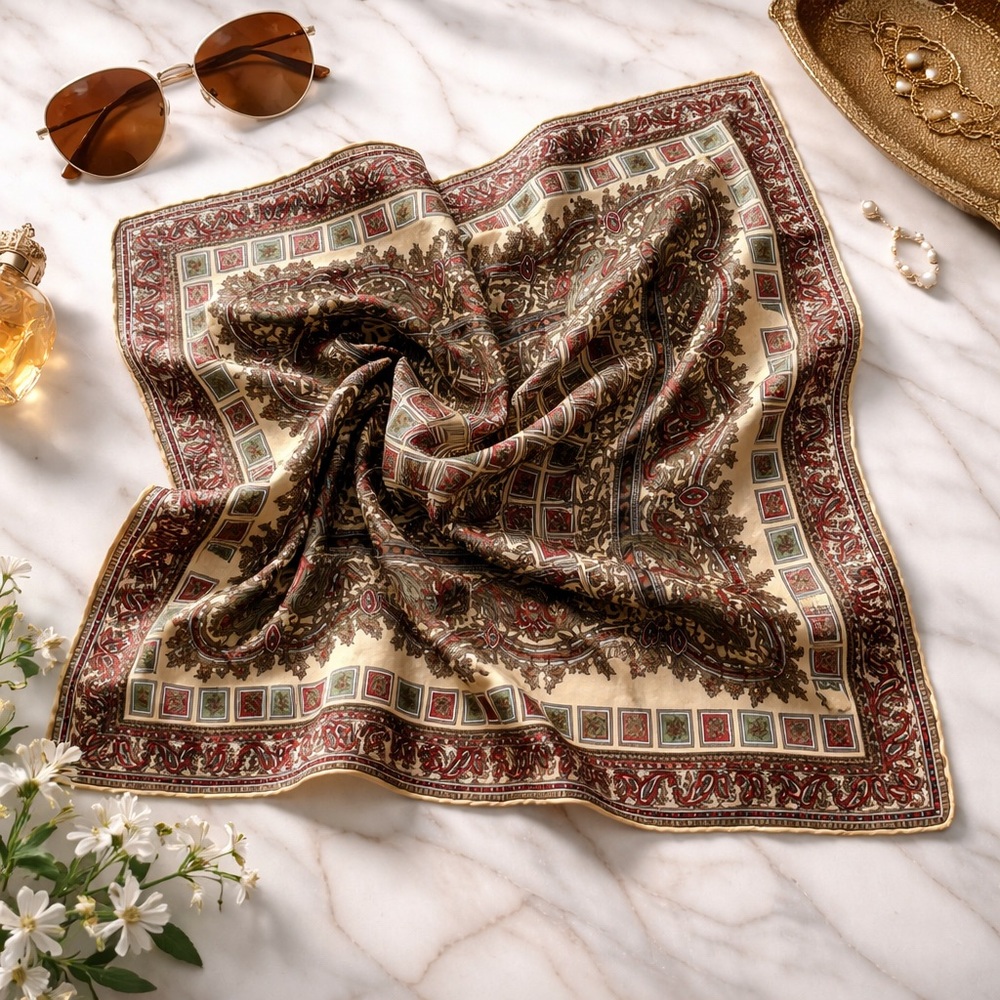 Vintage Silk Paisley Scarf 18” x 18” Cream Red Green Ornate Baroque Print